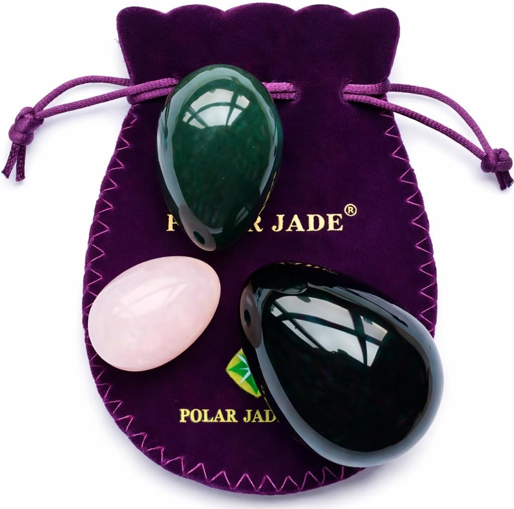 Polar Jade 3-PCS Egg Set of 3 Sizes Made of 3 Gemstones: Nephrite Jade, Rose Quartz and Obsidian, Comes with Unwaxed String, Use Instructions and Storage Pouches (Predrilled)