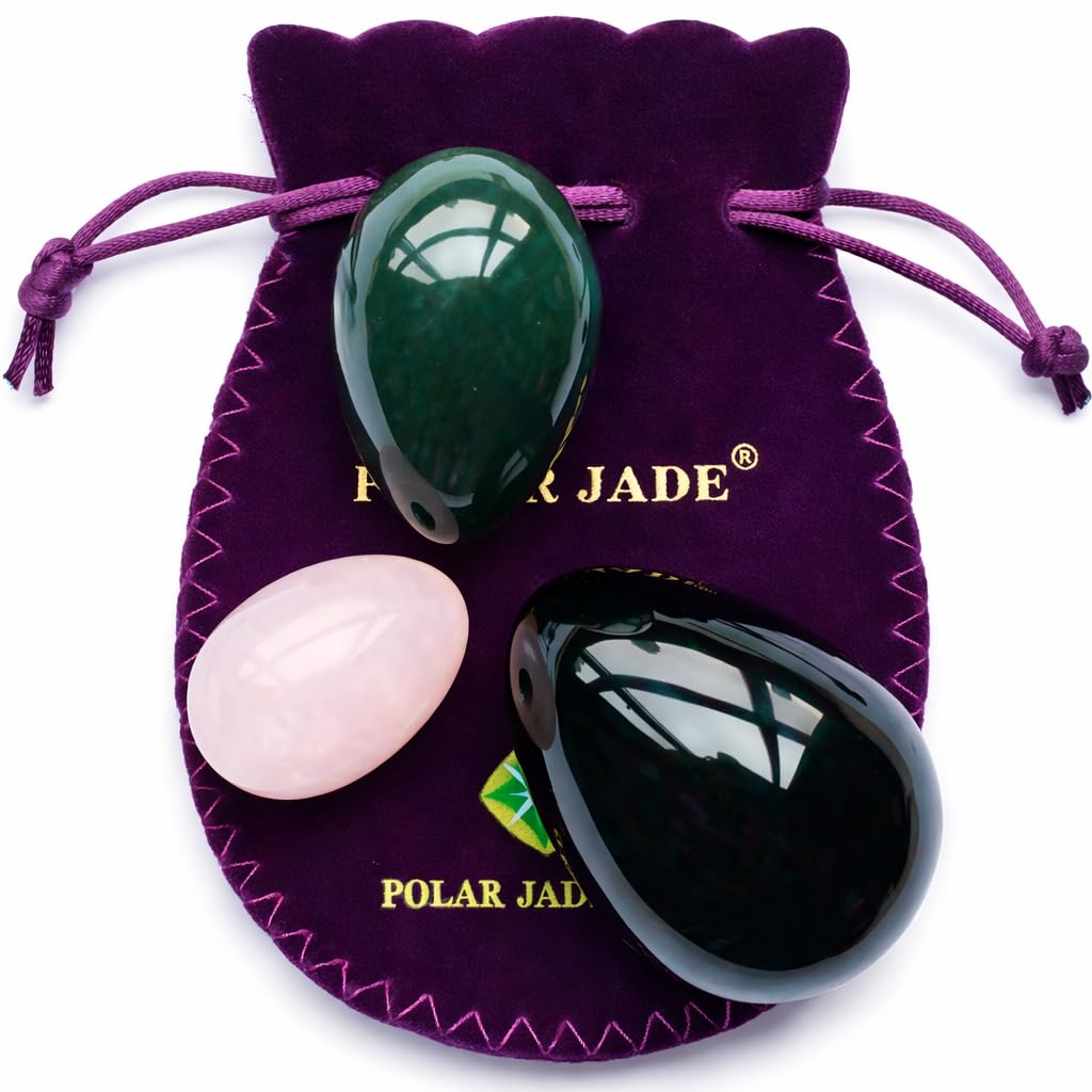 3-PCS Egg Set of 3 Sizes Made of 3 Gemstones: Nephrite Jade, Rose Quartz and Obsidian, Comes with Unwaxed Dental Floss, Use Instructions and Storage Pouches by Polar Jade (Undrilled)