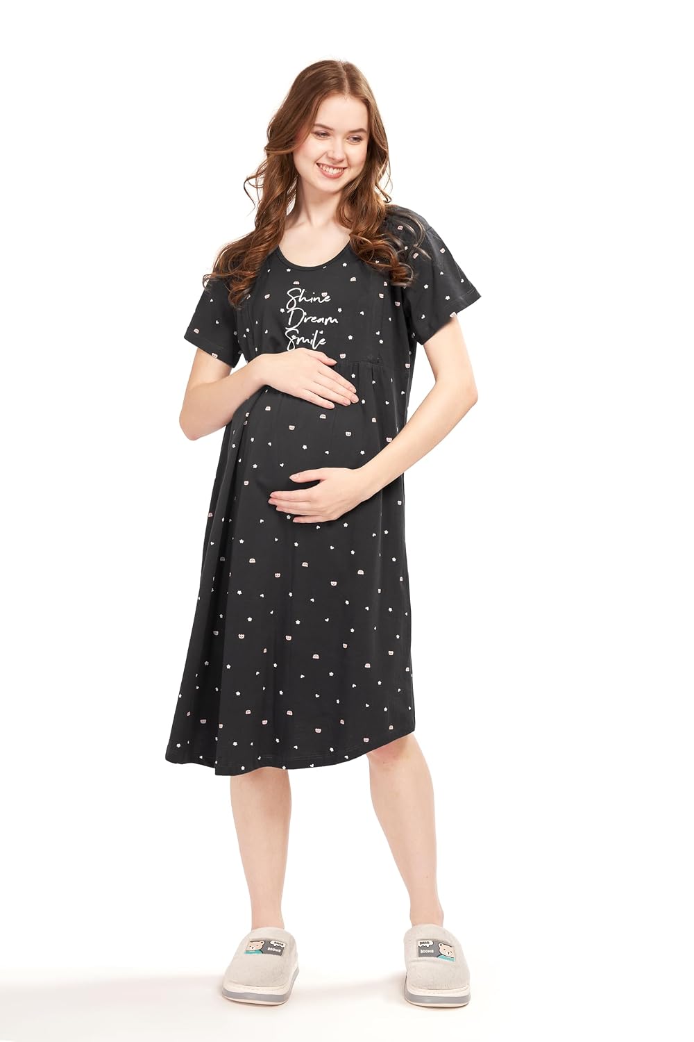 WEET Women Cotton Knee Length Feeding Nighty 9408