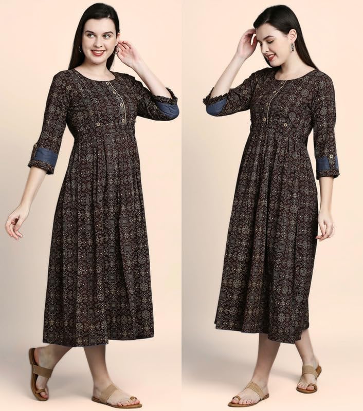 DUMMY SHAPE Maternity Gown for Women | Rayon Pregnancy Dress Kurta with Nursing Zippers for Pre & Post Partum | Feeding Kurtis (DS-133_XL, Brown) offers donot miss
