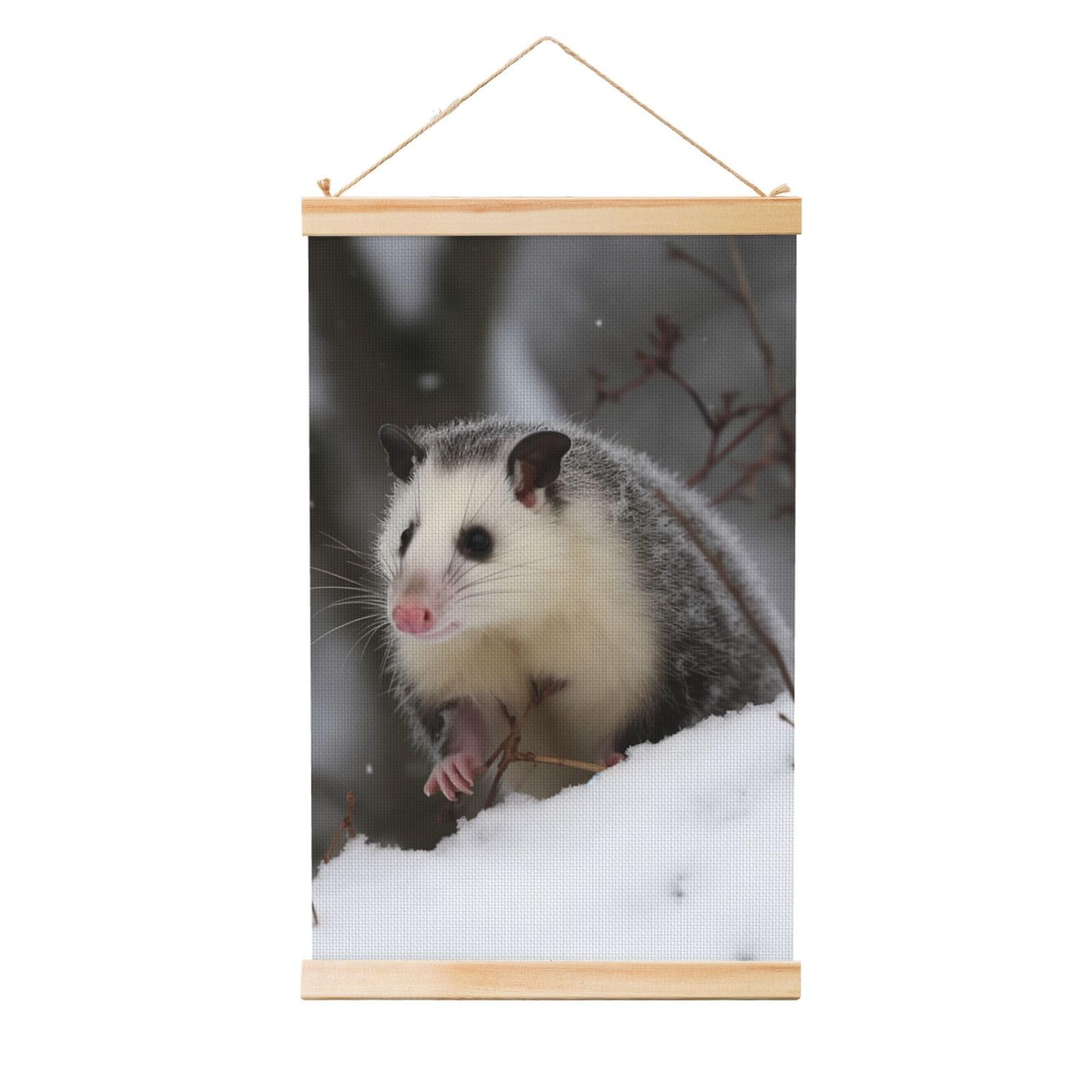 Opossum In Snow Poster Wooden Shaft Hanging Poster Wall Hanging Banner Canvas Artwork with Wood Frames 16"x24" Modern Artwork Decor Ready to Hang Wall Art for Home Decor Scroll Painting
