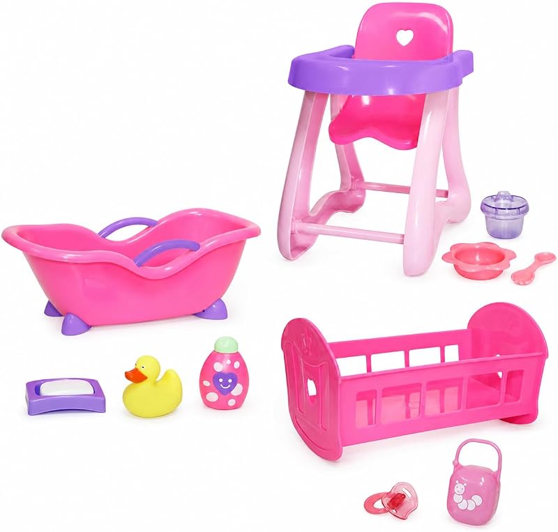 JC Toys Deluxe Doll Accessory Bundle | High Chair, Crib, Bath and Extra Accessories for Dolls up to 11" | Fits 11" La Baby & Other Similar Sized Dolls, Pink (81453)