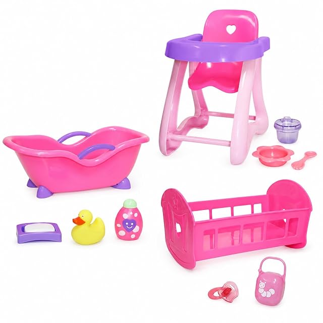 JC Toys- Set de 3 Piezas para muñecas, bañera, Silla Alta de Comer, Cuna Mecedora y 9 Accesorios