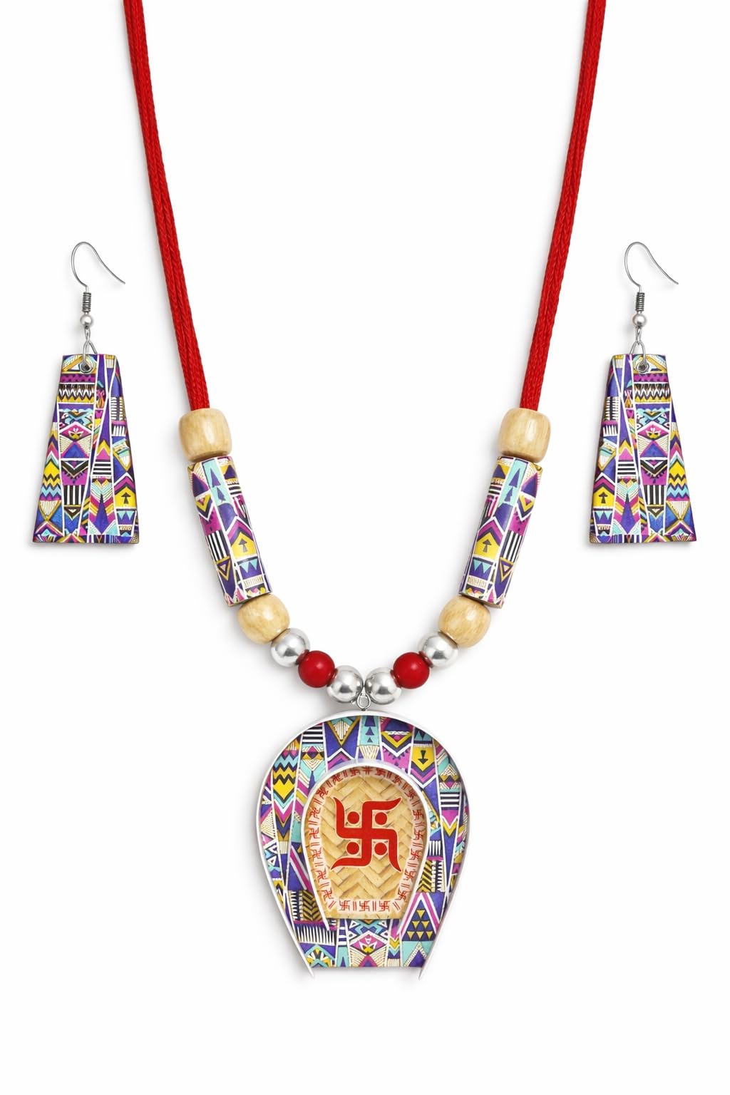 Handmade Swastik Kulo Pendant Necklace Set for Women | Bengali Traditional Puja Jewellery | Thread Ethnic Necklace with Earrings-image-5
