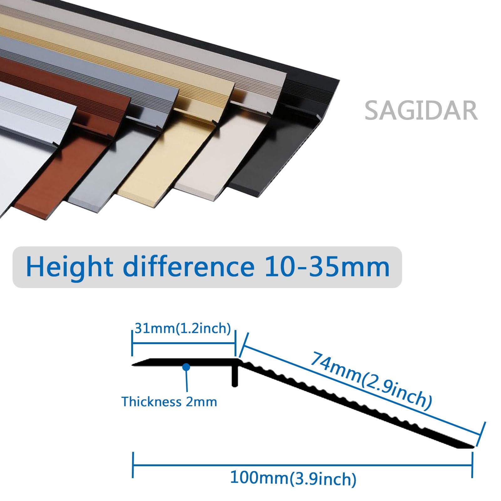 SAGIDAR Barre De Seuil Aluminium, Bande Transition pour Sol Irrégulier, Rampe D'entrée, Imperméable Et Antirouille, Baguette Recouvrement pour Porte D'entrée/Balcon, Longue Durée D'utilisation
