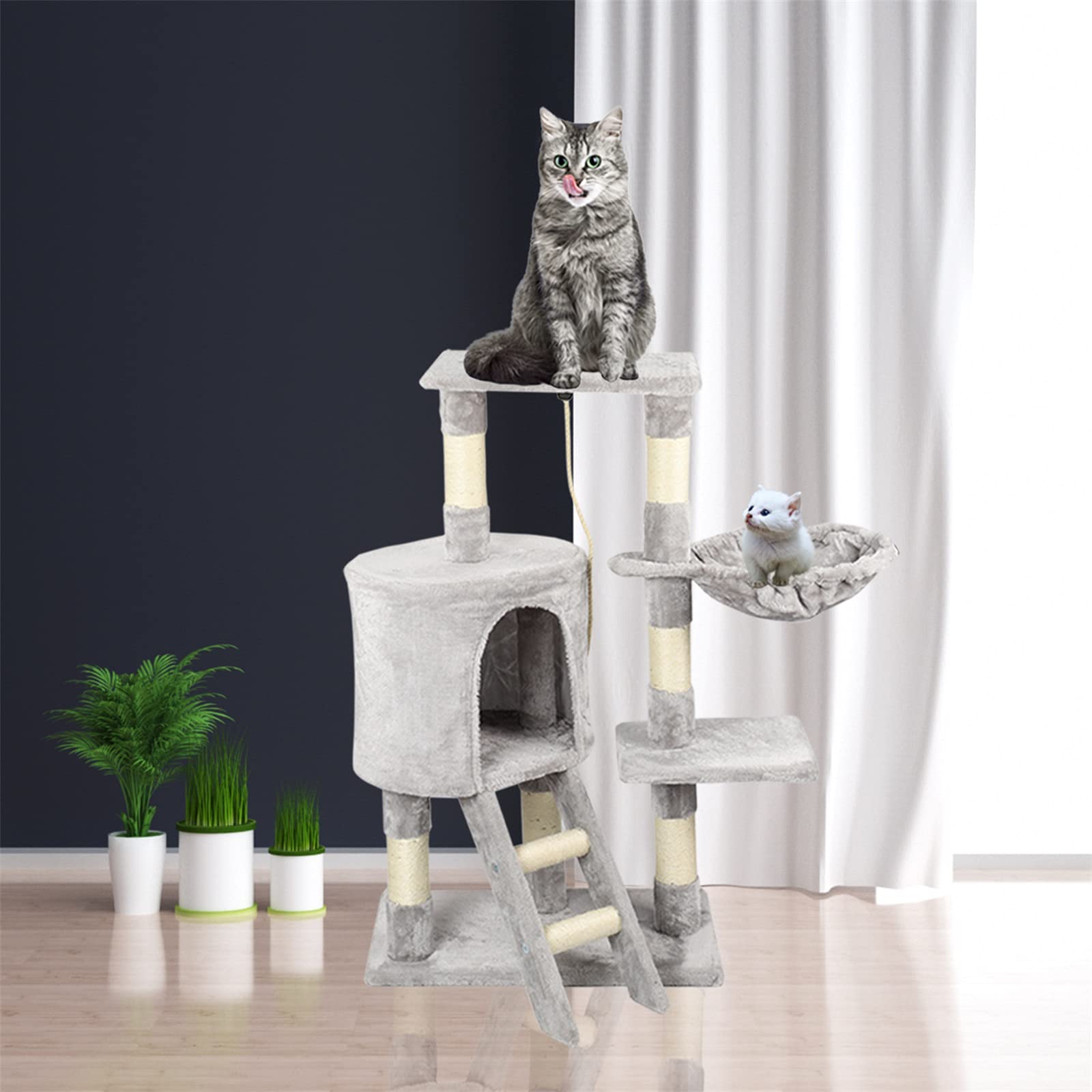 Árbol rascador para gatos, altura de 96 cm, con cuevas, superficies de descanso, escaleras y troncos de sisal, estable (C-gris)