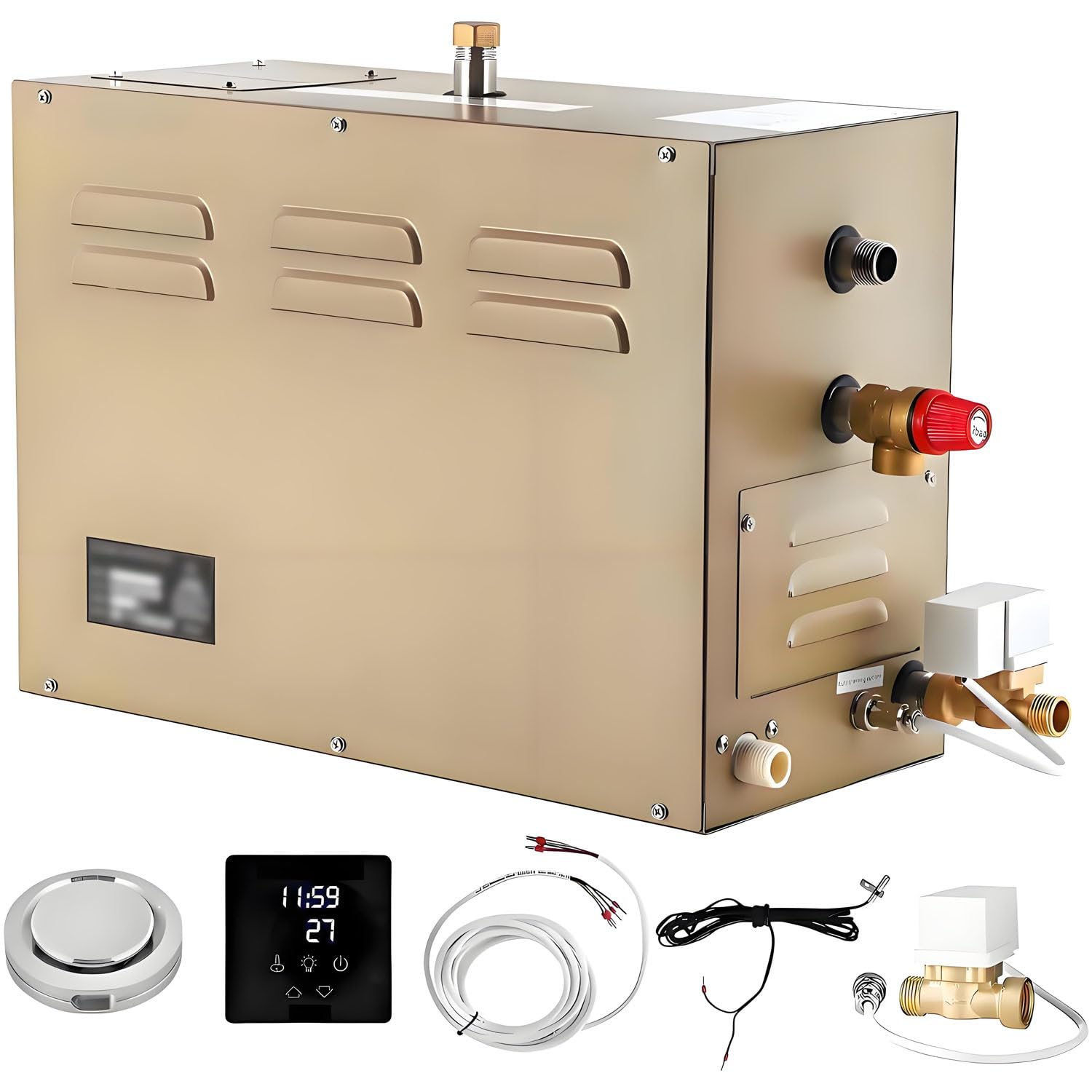 Komercyjny samoodpływowy generator pary z prysznicem, domowy generator pary do spa, automatyczny spust wody od 30 min do 12 godzin, 95-131 ℉, luksusowy samoodpływowy generator pary 10.5KW