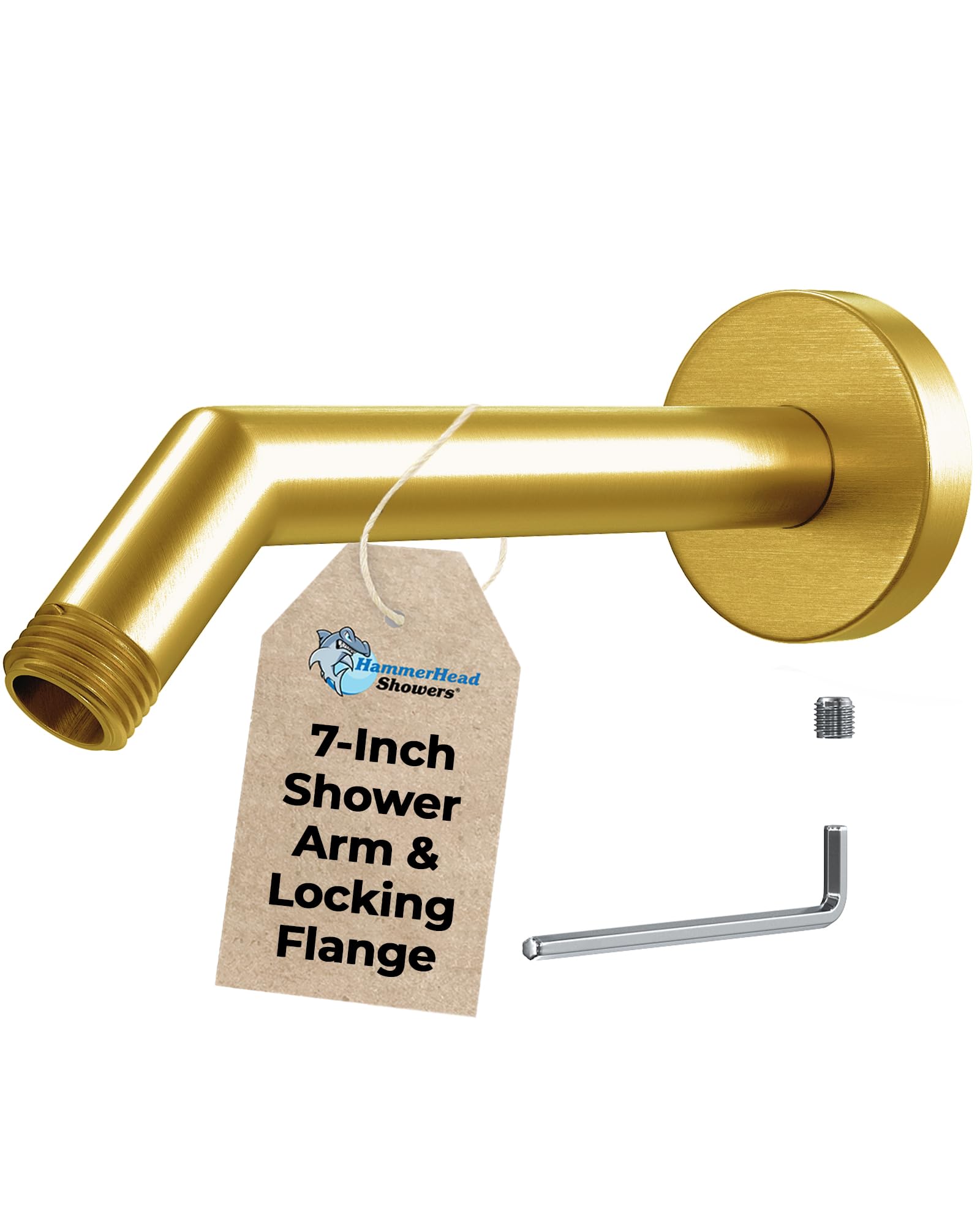 HammerHead Showers® Solid Metal 7 Inch Shower Arm and Flange with Set Screw, Brushed Gold | Wall Elbow Pipe and Cover Plate | Universal Replacement Part for Showerheads