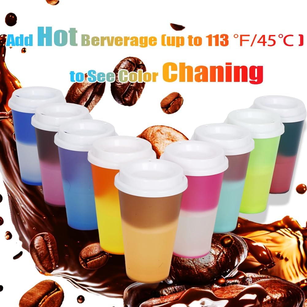 Hot Color Changing Reusable Cups 9 Pack 16 oz Bulk Plastic TO-GO Coffee Cups with Lids - Travel Tumblers for Kids and Audlts - Image 3
