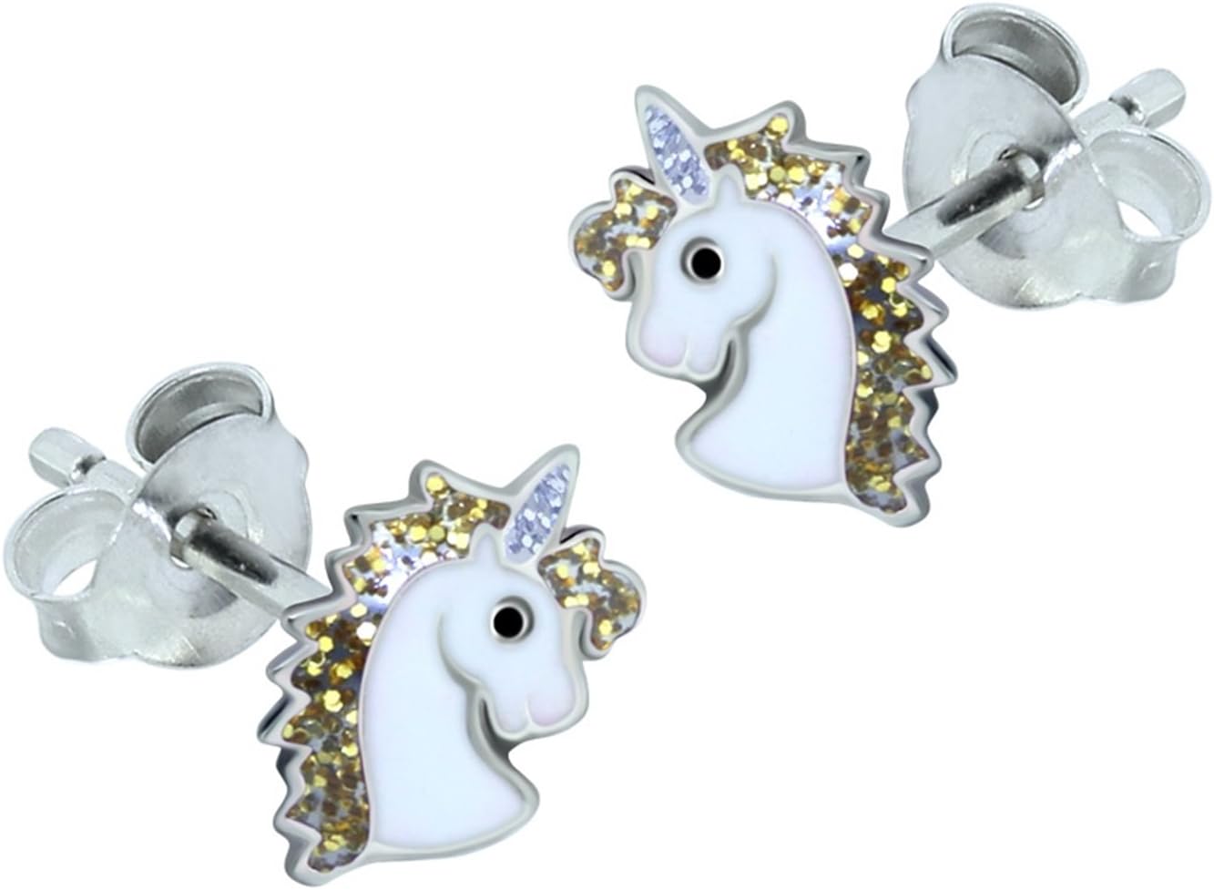 Unicorn Earrings with Gold Glitter Effect - 925 Sterling Silver