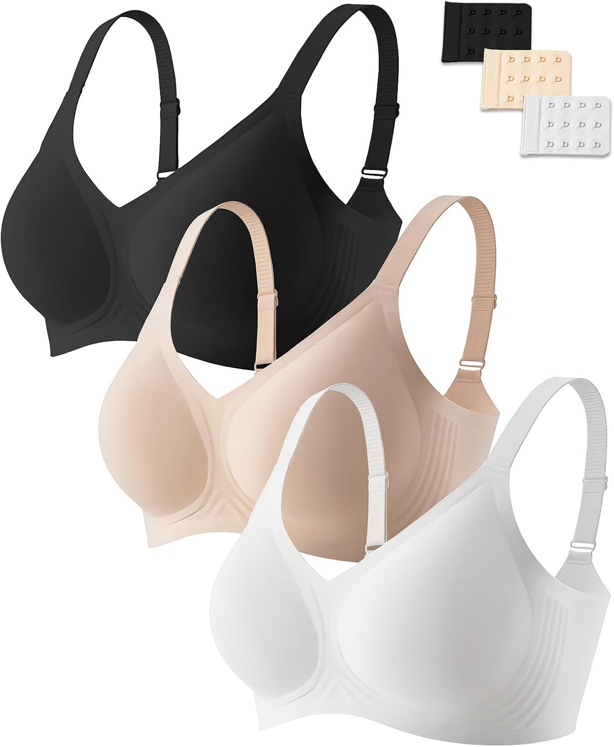 JOYTREE 3PCS Jelly Bras for Women No Underwire Comfort Wireless Women Bras Seamless Full Coverage Bralettes, Bra Extender