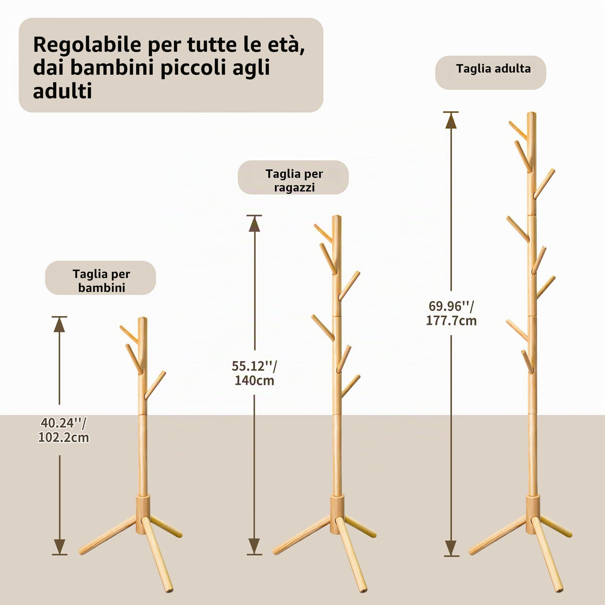 VaeFae Appendiabiti da terra, 3 livelli regolabili in altezza con 8 ganci | Base tripode stabile, montaggio semplice senza attrezzi, struttura salvaspazio, ideale per abiti, cappelli e bors