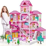 Dream House Doll House 7-8 for Girls - 4-Story 12 Rooms Playhouse 4-5 Year Old w/ 2 Dolls, Dollhouse Furniture Accessories, Pretend Cottage Toy House, Toddler for Kids Ages 3 4 5 6 7