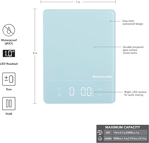 Miniatura 3 de KitchenAid KQ913MW - Báscula digital impermeable (IPx7) para cocina y alimentos, lectura LED, capacidad máxima de 11 libras, agua mineral