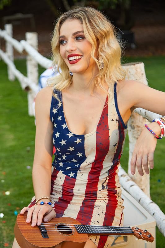 Image of For G and PL Women 4th of July American Flag Tank Dress Deep V Neck Stars Stripe Mini Patriotic Sleeveless Sundress