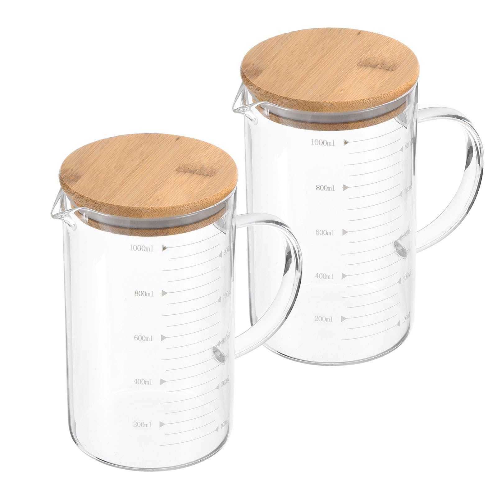 PATIKIL Coppa Misurazione in Vetro da 1000ml, 2Pz 3.3 Borosilicato Vetro Graduato Dimensione Bianca Misura Liquidi Becher con Coperchio in Legno e Beccuccio a Forma V per Cucina