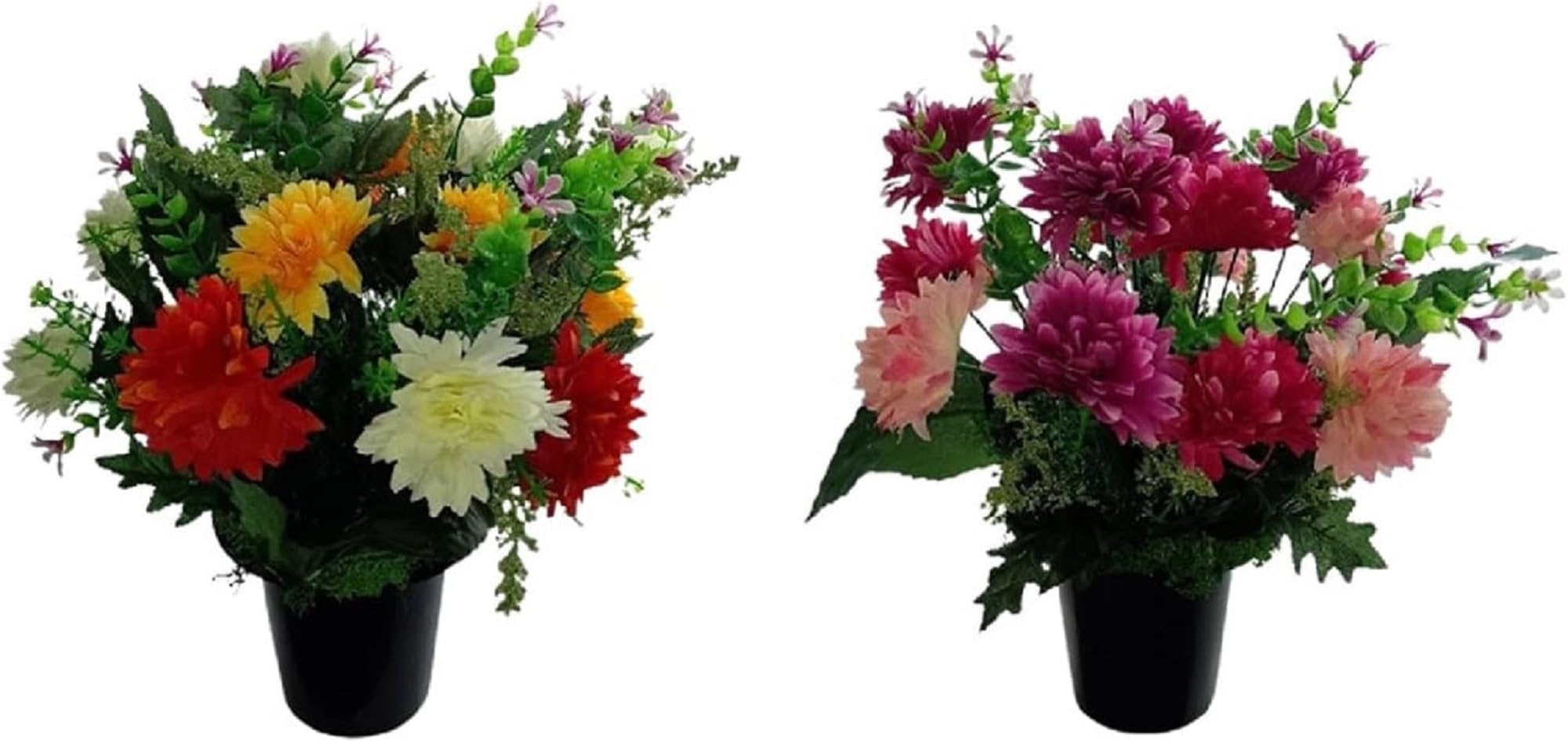 MaxJam Set of 2 Memorial Grave Crem Pots Artificial Arrangements Pink Wine Cerise and Red Coral Ivory Chrysanthemums with Moss for Graveside Cemetery Crematorium Gift for Birthday Mother's Day