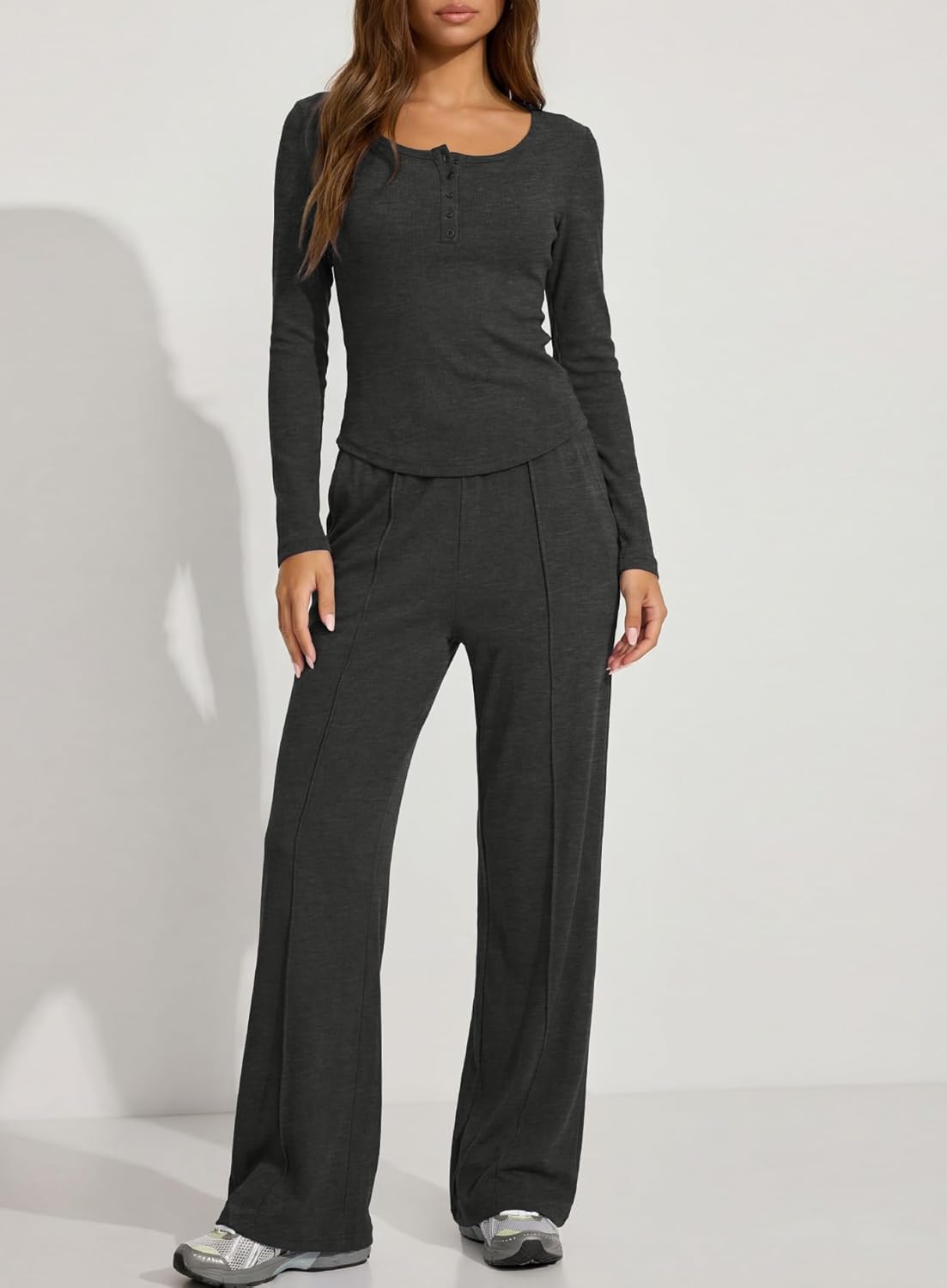 Darong Womens 2 Piece Matching Lounge Sets 2026 Long Sleeve Henley Shirts Wide Leg Pants Airport Travel Outfits - Image 3