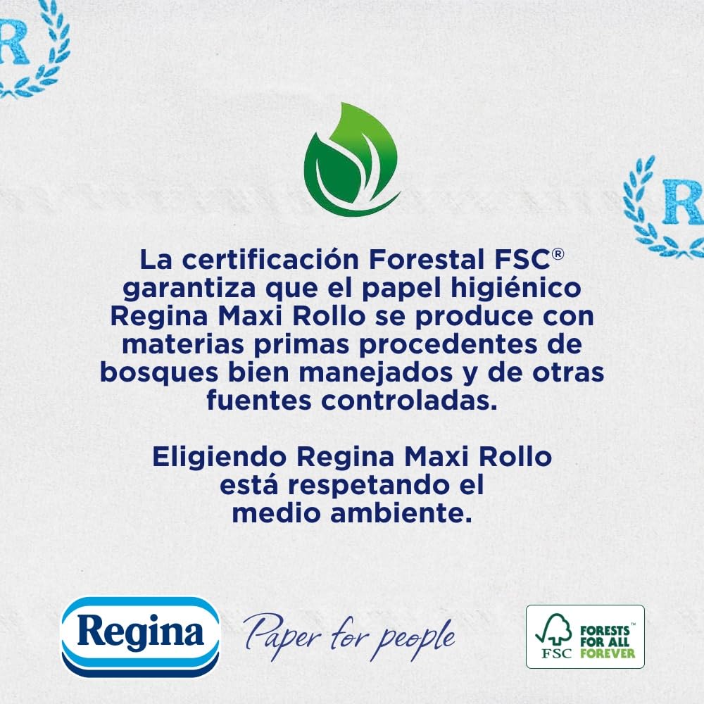Regina Maxi Rolka – 8 rolek papieru toaletowego, 500 arkuszy 2 warstw na rolkę, więcej niż standardowa rolka, 60% plastikowy pojemnik z recyklingu w 100% z certyfikatem FSC®