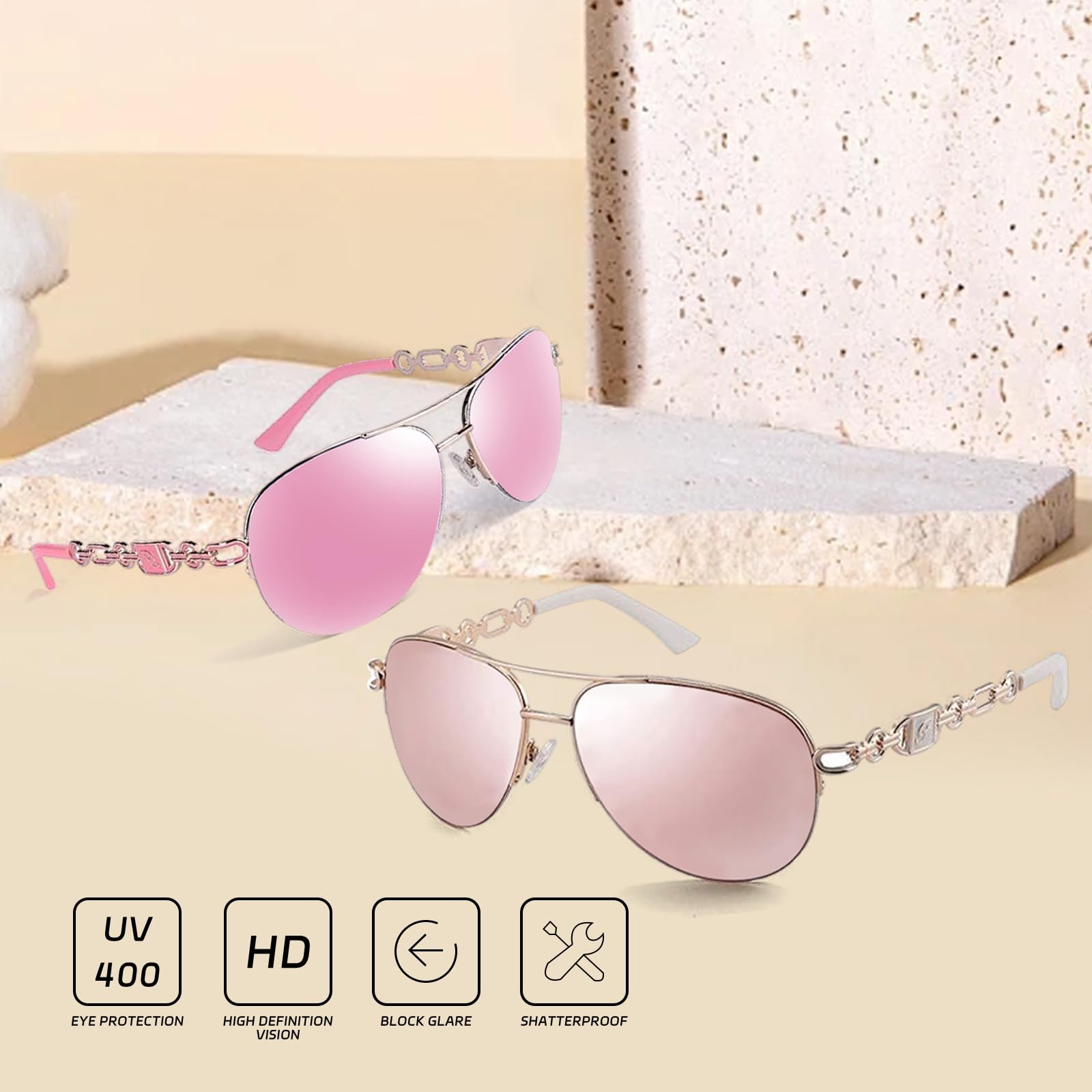 FONHCOO - anteojos de sol de aviador para mujeres y hombres, marco de metal UV400 con espejo