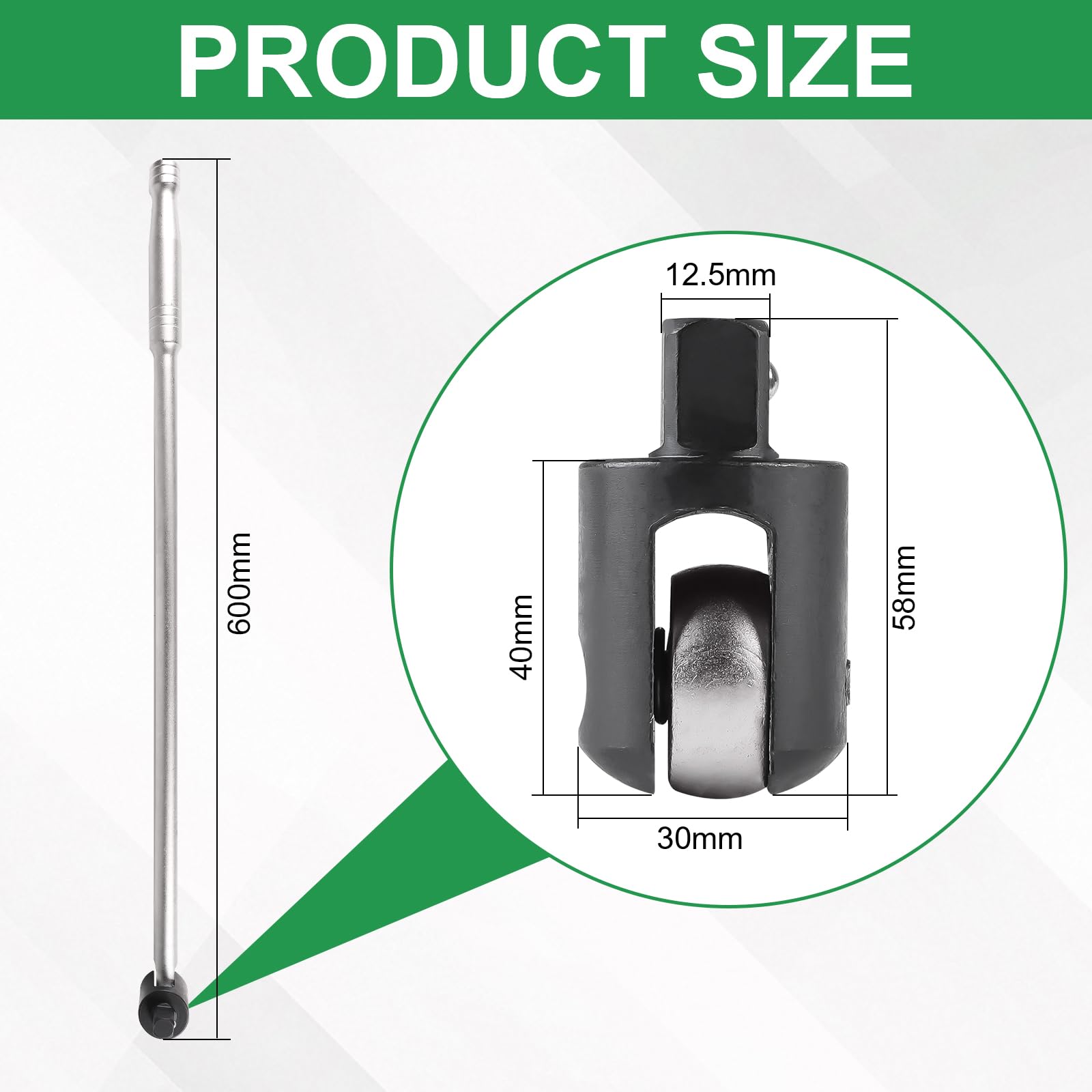Mango Articulado 1/2 Longitud 600mm, Llave Articulada Rompedora con Cabeza Flexible de 240°, Carraca Articulada 1/2 para Reparaciones de Automóviles, Sustitución de Neumáticos, Plata
