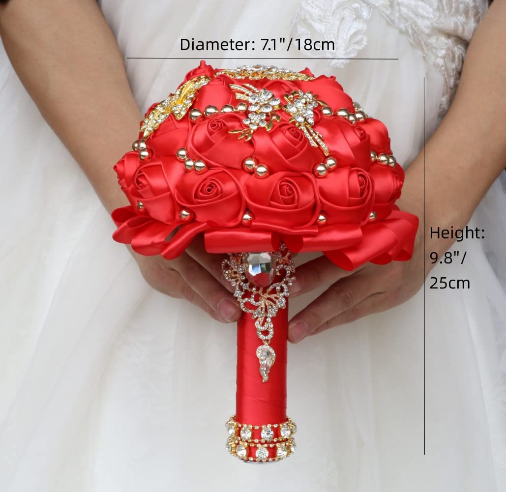 Amazon.com: Gkvszy Red Bridal Wedding Bouquet Luxury Gold  display picture 1
