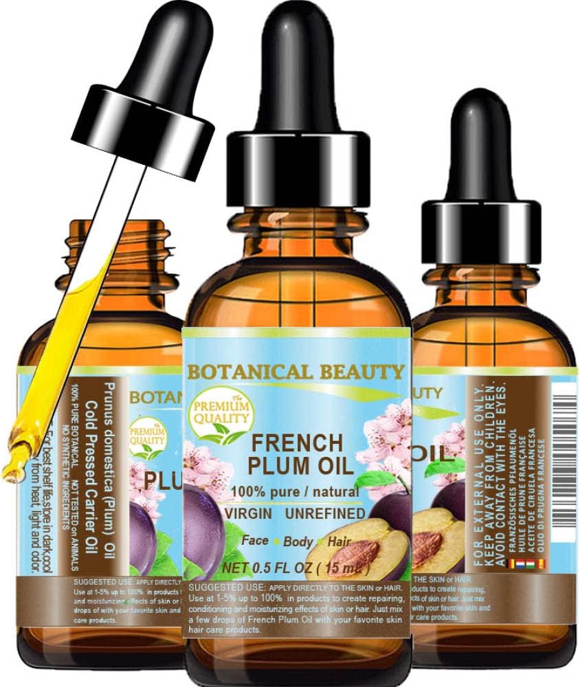 Botanical Beauty PLUM OIL French. 100% Pure Natural Virgin Unrefined Undiluted Cold Pressed Carrier Oil. For Face, Skin, Hair, Body, Lips, Nails (0.5 Fl.oz - 15 ml)