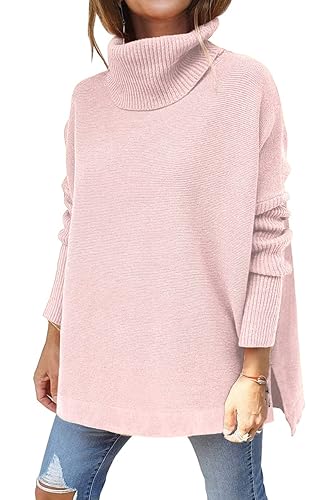 LILLUSORY Women's Turtleneck Oversized Sweaters Long Batwing Sleeve Spilt Hem