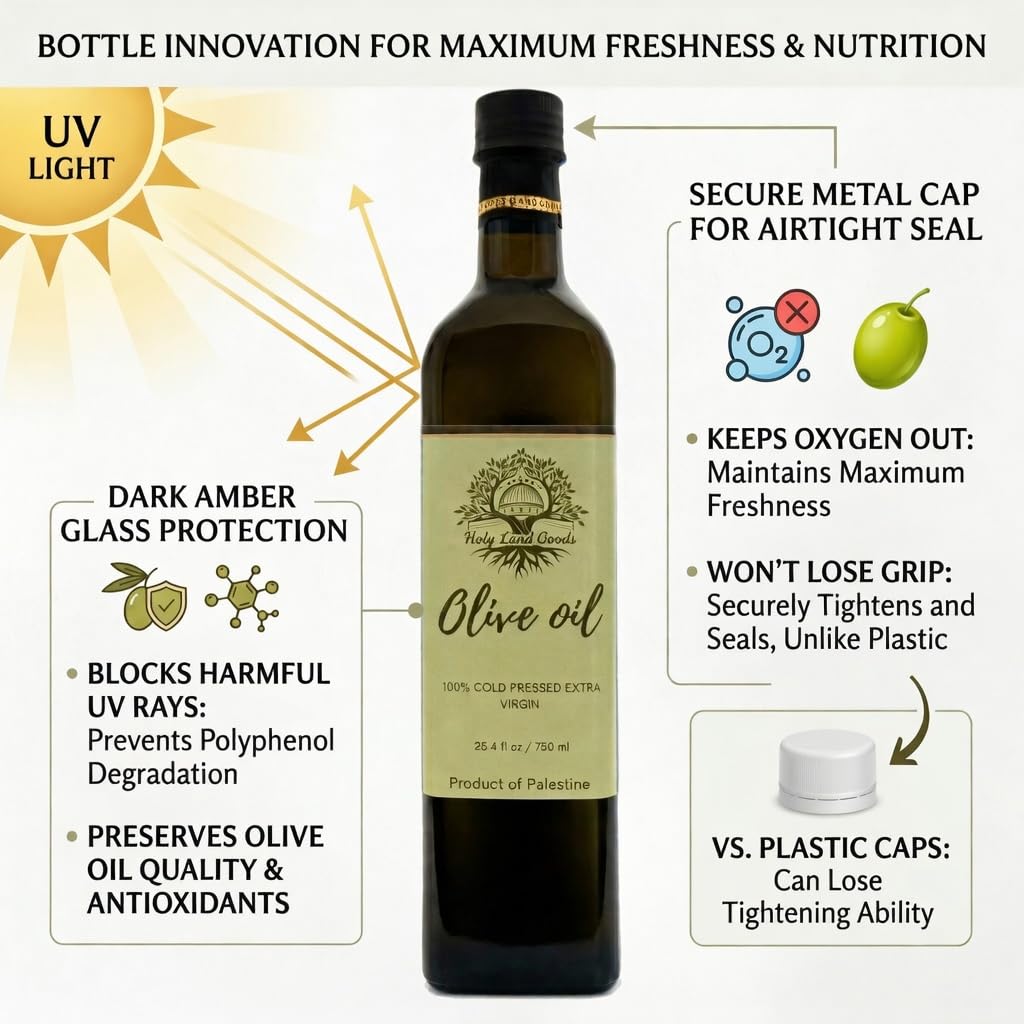 Holy Land Goods Palestinian Extra Virgin Olive Oil – Polyphenol Rich, Raw & Unfiltered, Cold Pressed Single Source, 750 mL (25.4 Fl Oz)