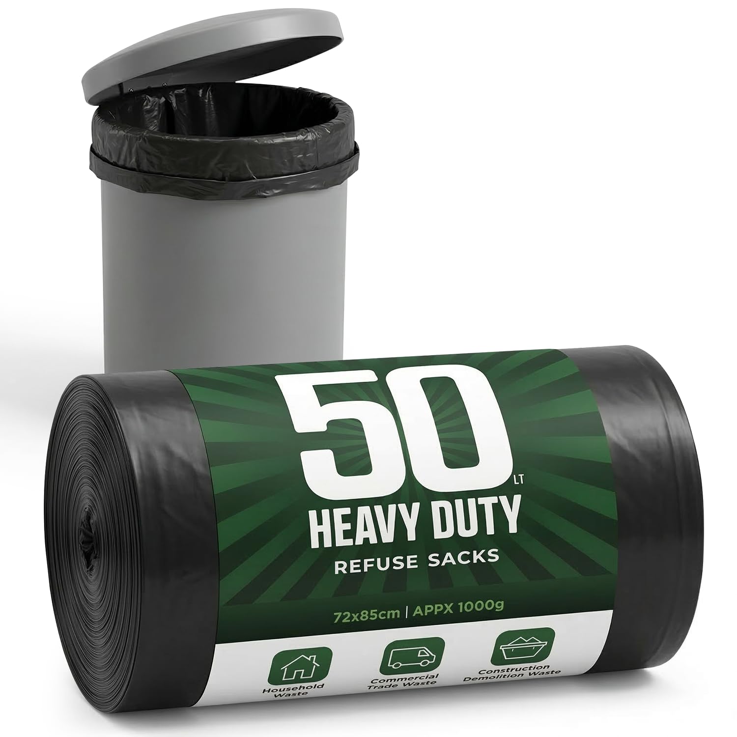 50pcs Roll Black Bin Bags Garbage Liners, 50L Capacity Roll Heavy Duty Refuse Sacks for Home, Kitchen, Office, Bathroom Bins Leak‑Resistant Trash Bags, Bulk Garbage Bin Rolls.