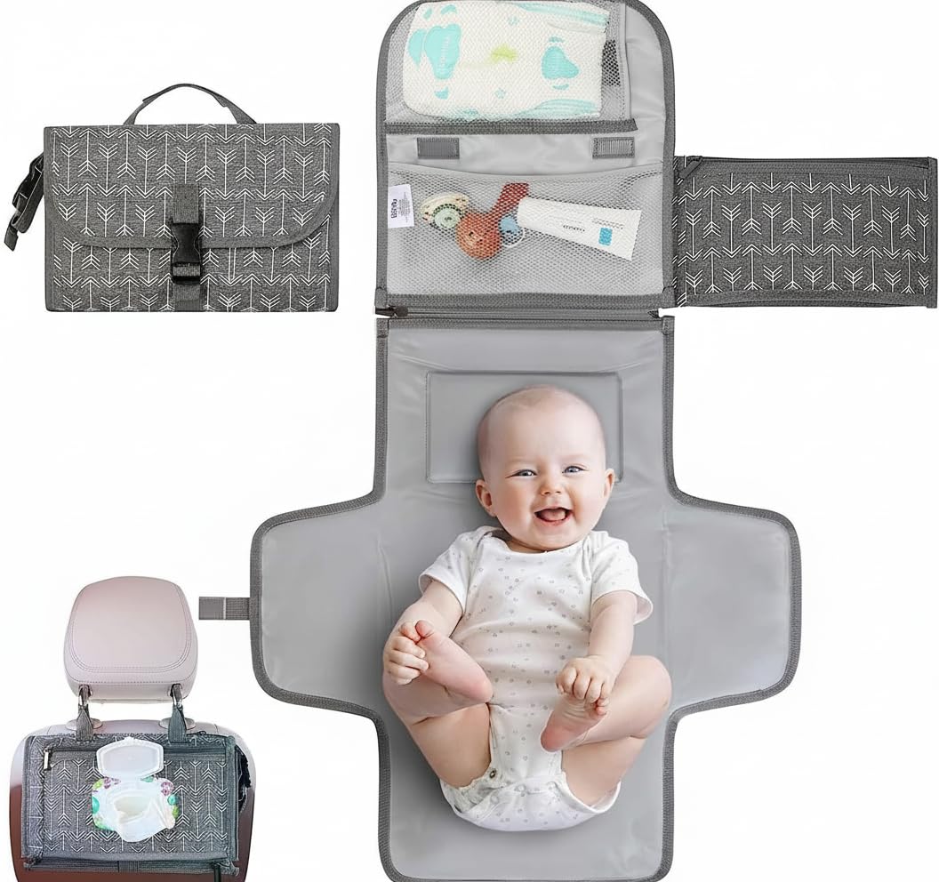 Portable Diaper Changing Pad, Baby Changing pad for Newborn Girl and Boy Smart Wipes Pocket, Waterproof Travel Changing Kit (Gray Arrows)