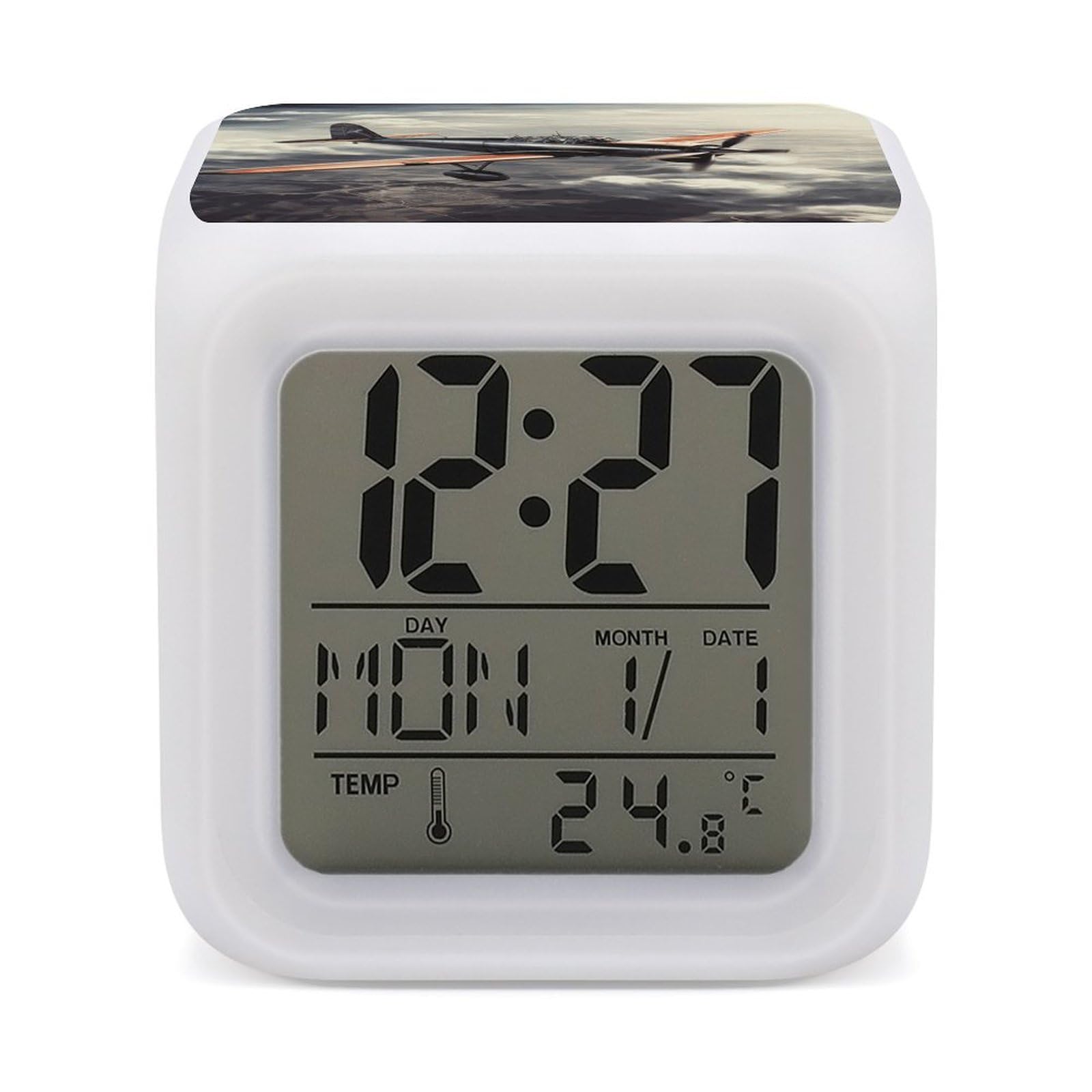 FodPand 7 Color Ambient Night Light Cube Battery Operated Retro Airplane Digital Clock with Snooze Temperature LED Digital Alarm Clocks Dimmable Wake Up Light Portable Mood Lamp for Bedroom Desk Gift