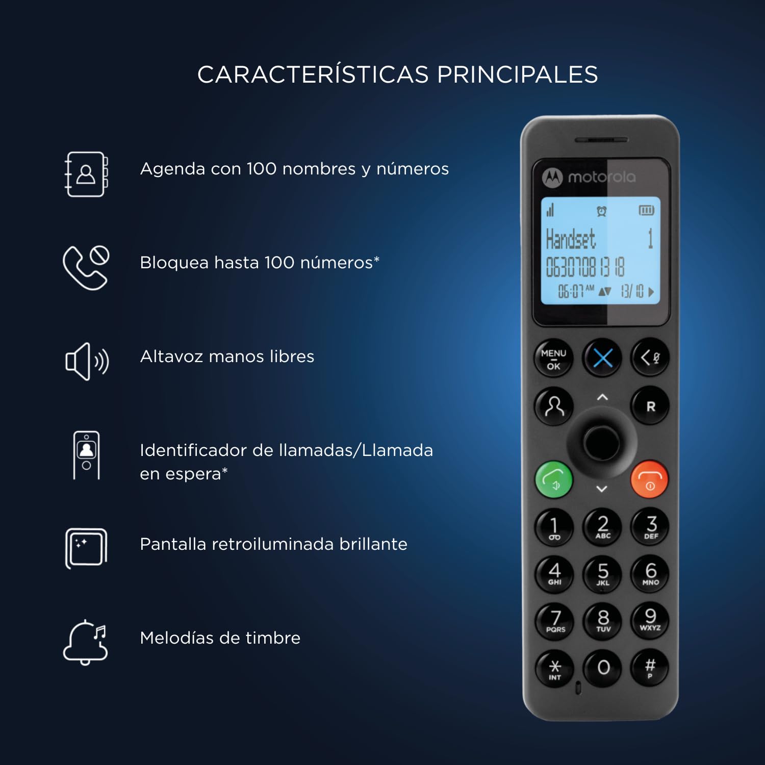 Motorola Voice - DOT201 Teléfono Inalámbrico Digital, Altavoz Manos Libres, Bloqueo de Llamadas, 100 Contactos con Nombre y Directorio Telefónico, Color Negro