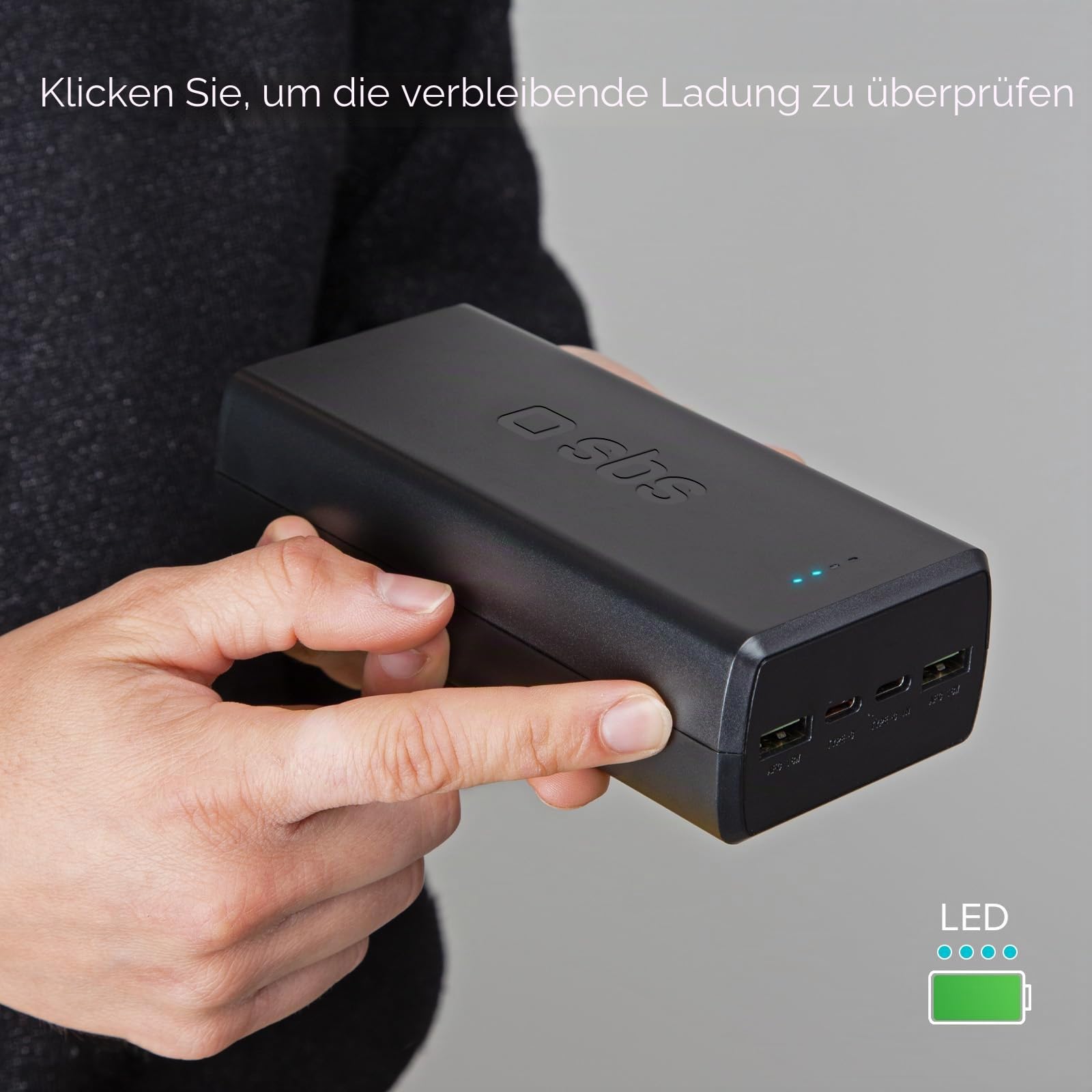 SBS PowerBank 30K Fast, 30.000 mAh Power Delivery, Schnellladung 20 W, Adaptive Fast Charge (AFC), Status-LED, USB-C, USB-A, Ladegerät für iPhone, iPad, AirPods, Samsung, Tablet, Smartphone