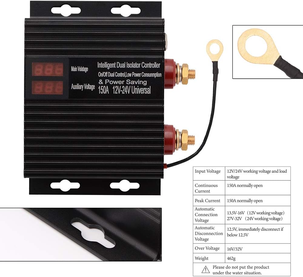 150 Amp Battery Isolator Switch Smart Dual Control Smart Isolator, 12V/24V Universal Voltage Sensitive Relay VSR for ATV, UTV, RV, Truck, SUV, Off-Roader Vehicle, Battery Protection Isolator