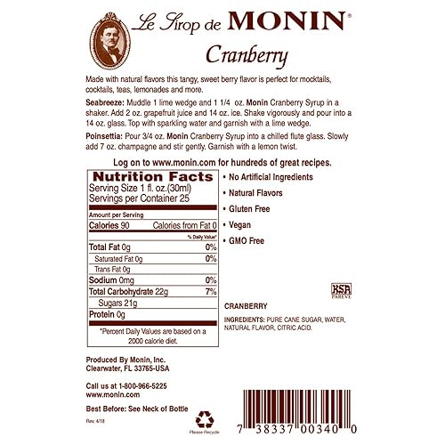 Miniatura 8 de Monin - Jarabe de arándano, sabor a bayas picantes y dulces, sabores naturales, ideal para margaritas, cócteles, tés de bayas calientes y frías,