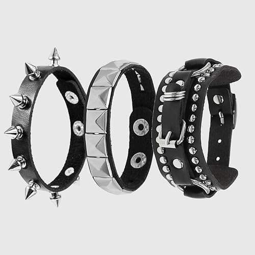 3 pulseras de cuero con tachuelas punk rock ajustable Emo Spike brazalete accesorio retro 80s pulsera tachonada para hombres mujeres