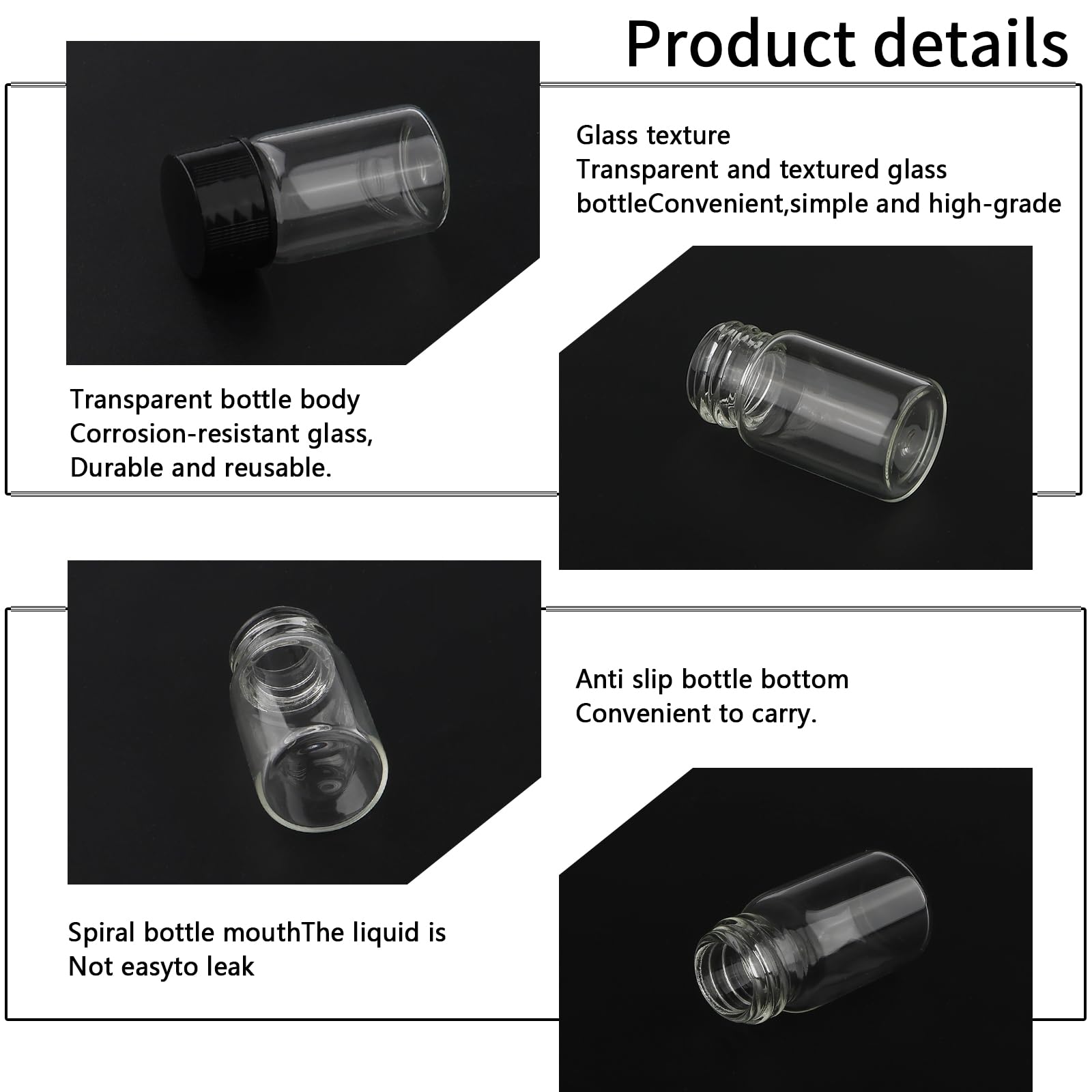 Mini flaconcini trasparenti da 7 ml in vetro con tappo a vite nero, contenitori da viaggio trasparenti per test di laboratorio, confezione da 16
