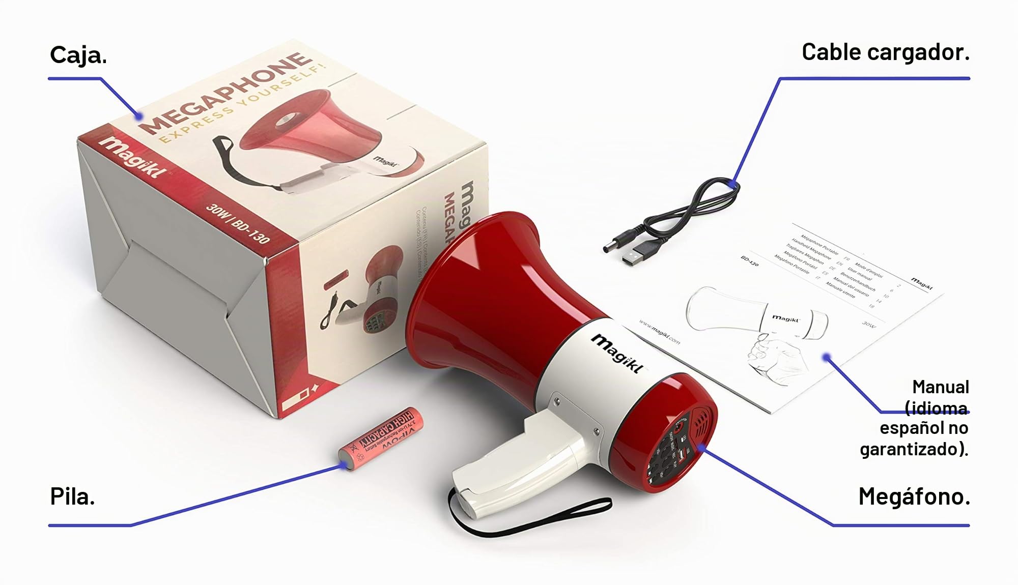 Megáfono Portátil con Sirena, Reproductor MP3, Grabador, Batería Recargable USB