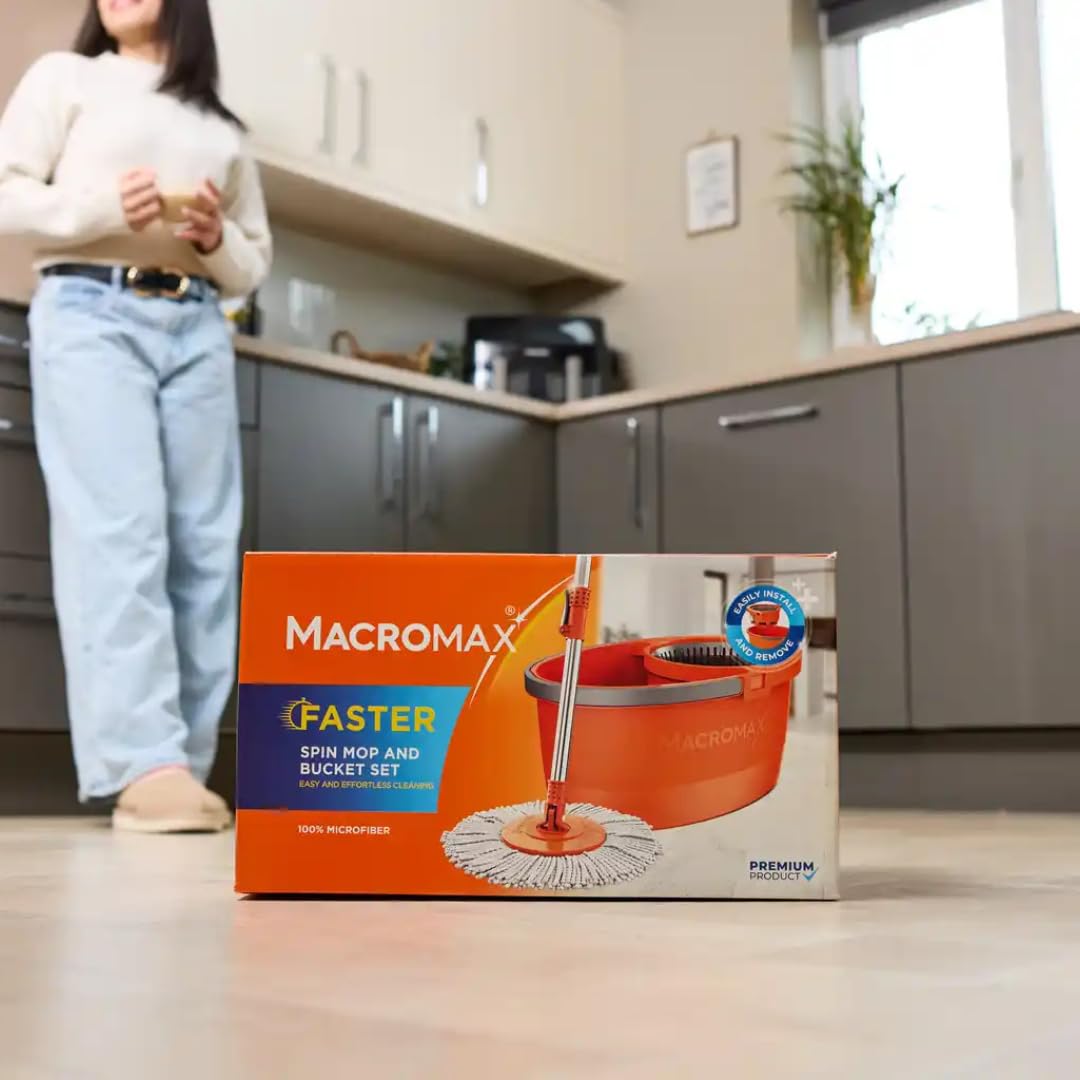 Macromax - Faster Automatic Spin Mop 16L Reinigungsset 100% Mikrofaser Mops - Teleskop-Drehgriff, automatische Wäsche & Abnehmbarer Trockenkorb, aus 90% recycelbarem Material (Spin Mop Set)