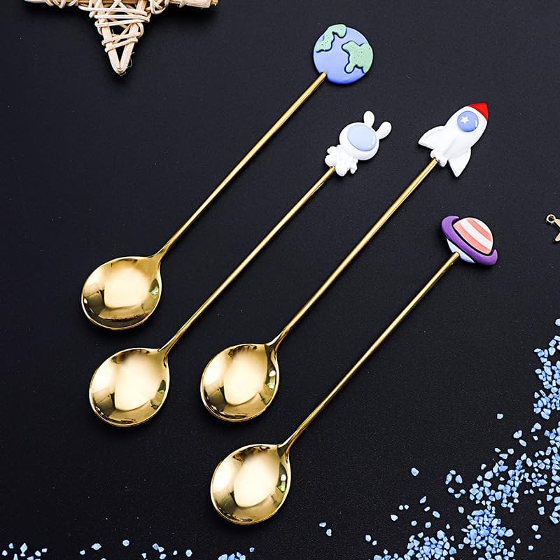Silverware Flatware Set, 4/16/24/32 Piece 304 Stainless Steel Dessert Spoon Cute Cartoon Aviation Household Ice Cream Spoon Stirring Coffee Spoon with Box (Color : Gold, Size : 4Set-16Pcs