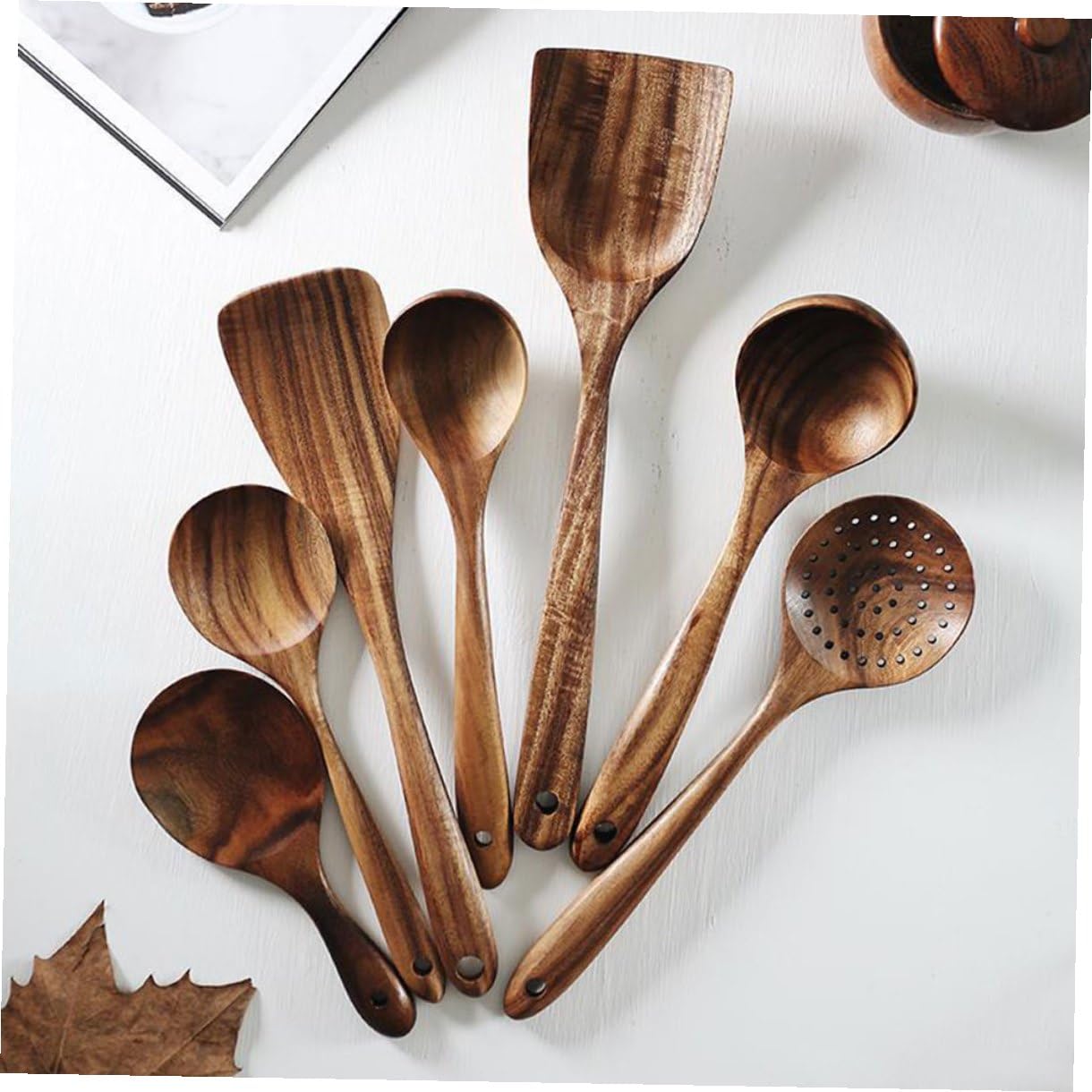 Set di Cucchiai da Cucina in Legno di Acacia 7 Pezzi, Cucchiaini da Tè e Palette Piccole Riutilizzabili, Utensili Ergonomici con Foro Appendibile per Casa, Bar e Ristoranti