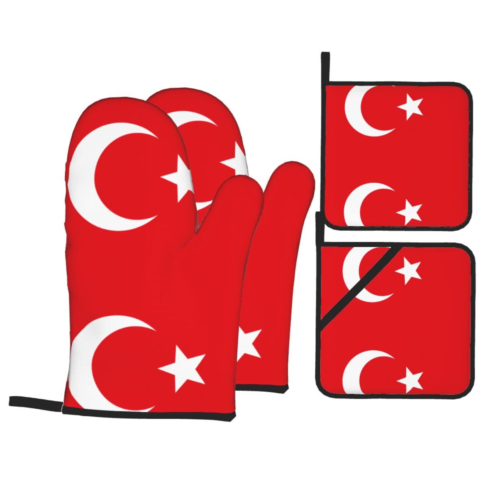 HJFCZH Flag of Turkey Prints Kitchen Throw Set: Durable Oven Layers with Waterproof Polyester – 4 Piece Heat Protection System