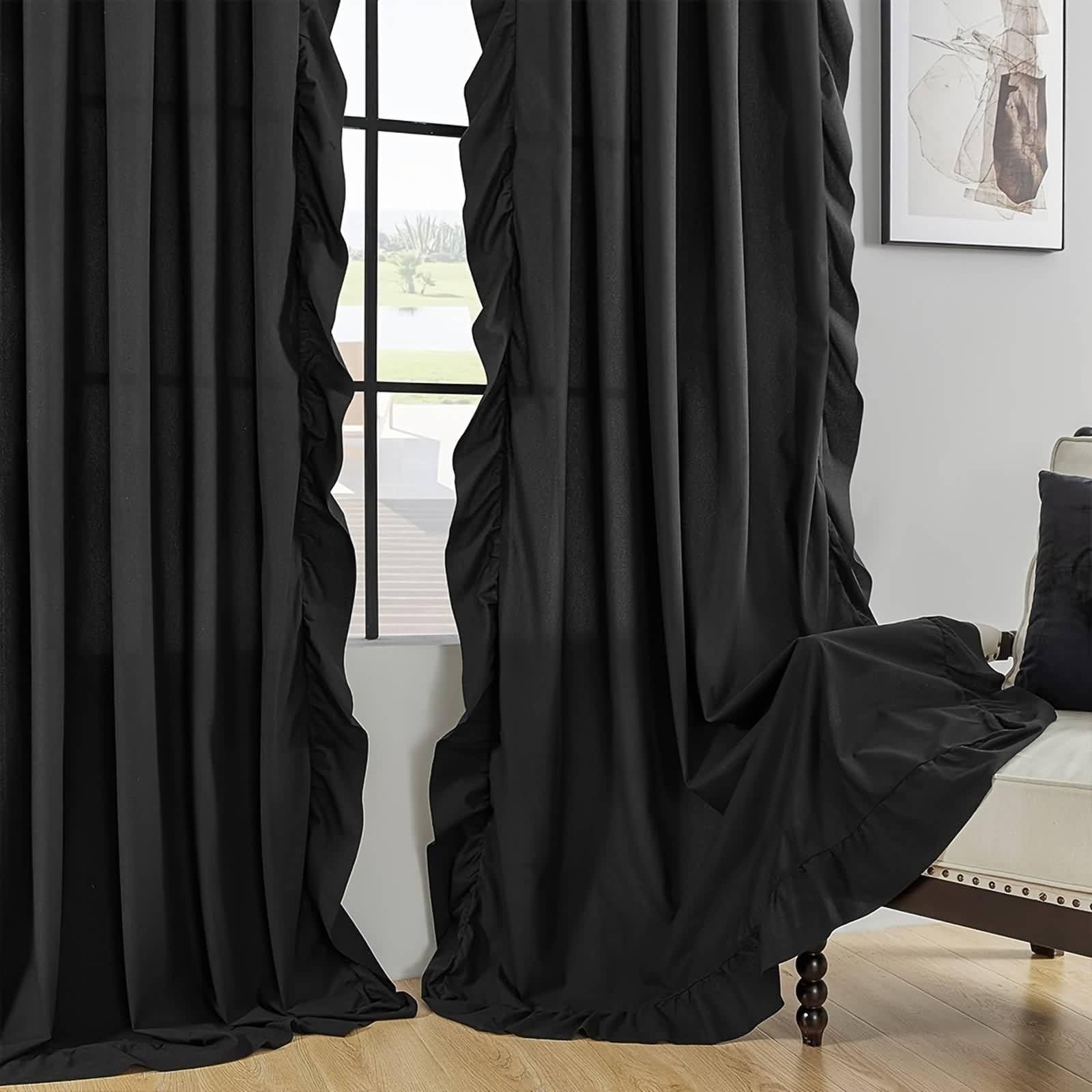 Rideau Occultant Noir, Rideau de Cuisine Long Couleur Unie avec Volants Polyester 132L x 213H CM Lot de 2