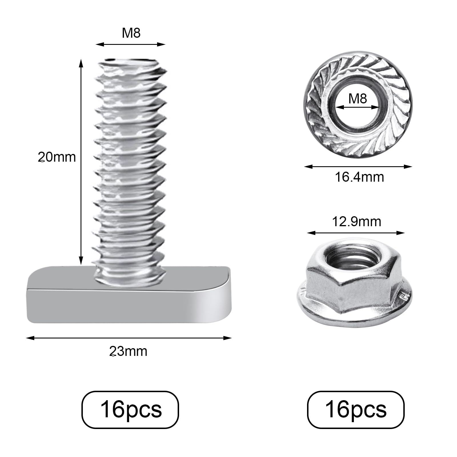 Viti A Testa Martello M8x20mm - 16 Pezzi Con Dadi, Acciaio Inox A2-70, Per Impianti Fotovoltaici - Foto 3