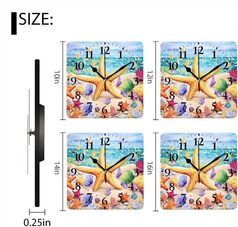 Quartz Wall Clocks Non-Ticking Silent Battery Operated Modern Wall Clocks Decorative for Home,Bedroom-Colorful Starfish and Seashells On The Beach(14inch)