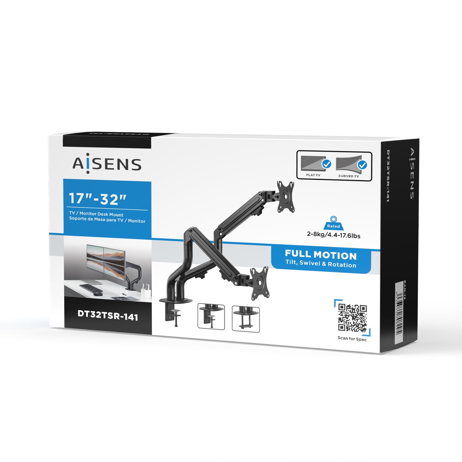 AISENS - DT32TSR-141 - Supporto da tavolo Eco controbilanciato girevole E inclinabile per monitor/TV 8 kg (3 pin, 2 braccia) da 17-32, nero