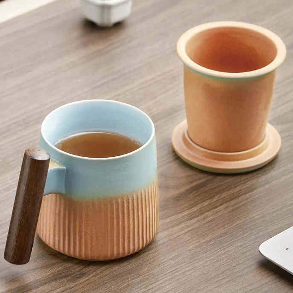 HSQMA Teebecher Mit Deckel, Keramik Teetasse Mit Deckel Porzellan Sieb Becher Aus Steinzeug Für Losen Tee Oder Teebeutel 360ml Keramik Teetasse Mit Holzgriff Schwarz