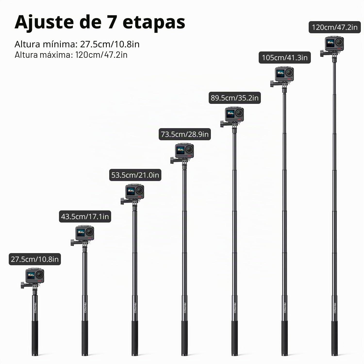 AKASO Palo Selfie/Selfie Stick Extensible hasta 120cm, con Trípode de 19cm | Compatible con cámara Deportiva AKASO EK7000/Brave 4/Brave 7/V50X/V50 Elite/dji Osmo Action
