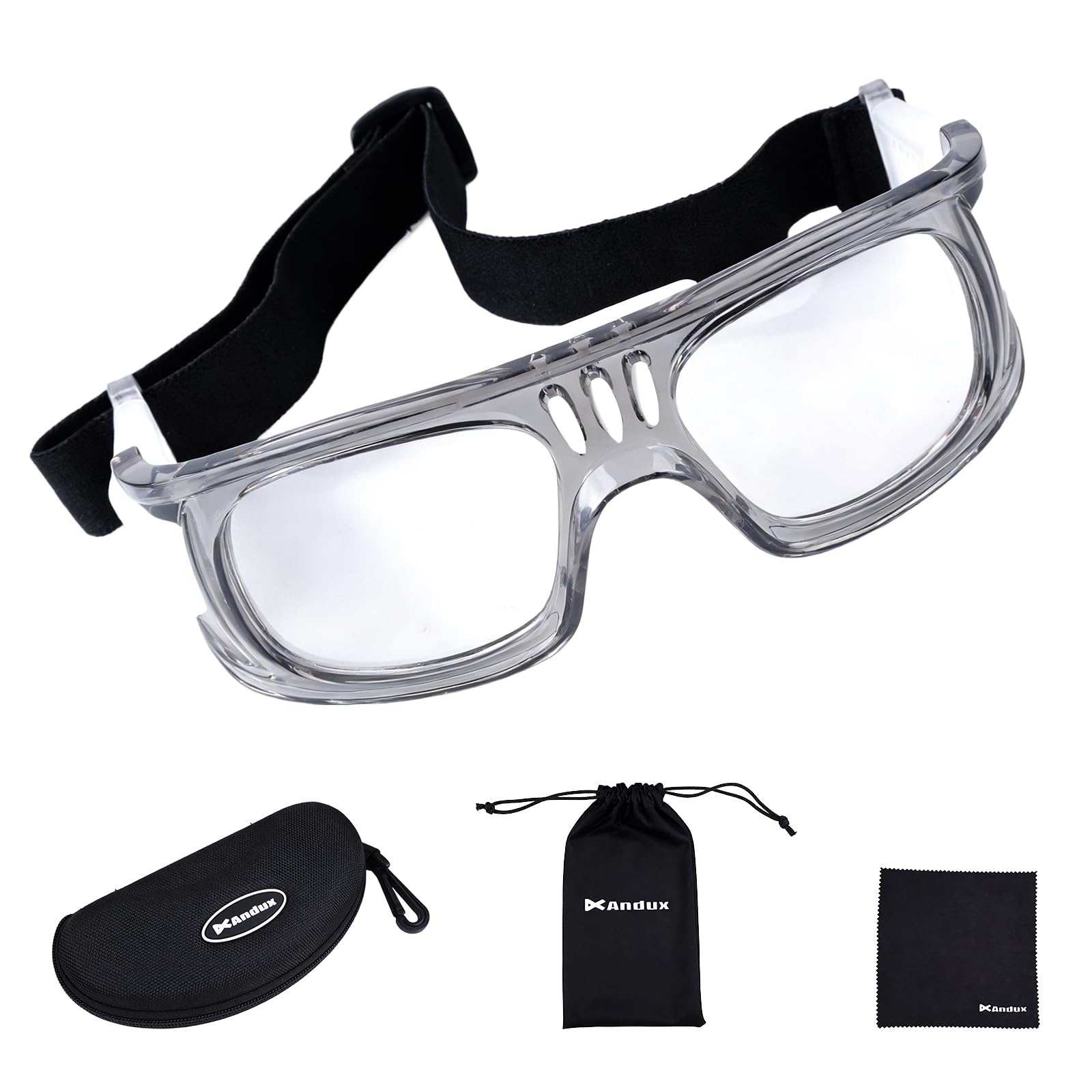 Andux Lunettes De Basket Protectrices – Cadre PC Anti-choc, Branches Interchangeables + Sangle élastique – Lentilles Amovibles